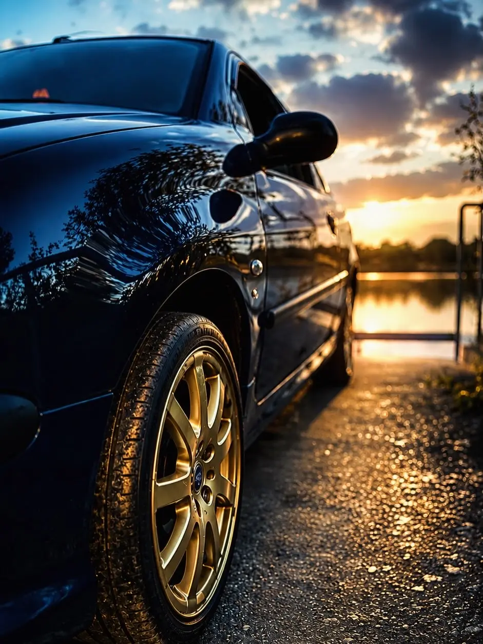 Peugeot 206 photographiée au coucher du soleil
